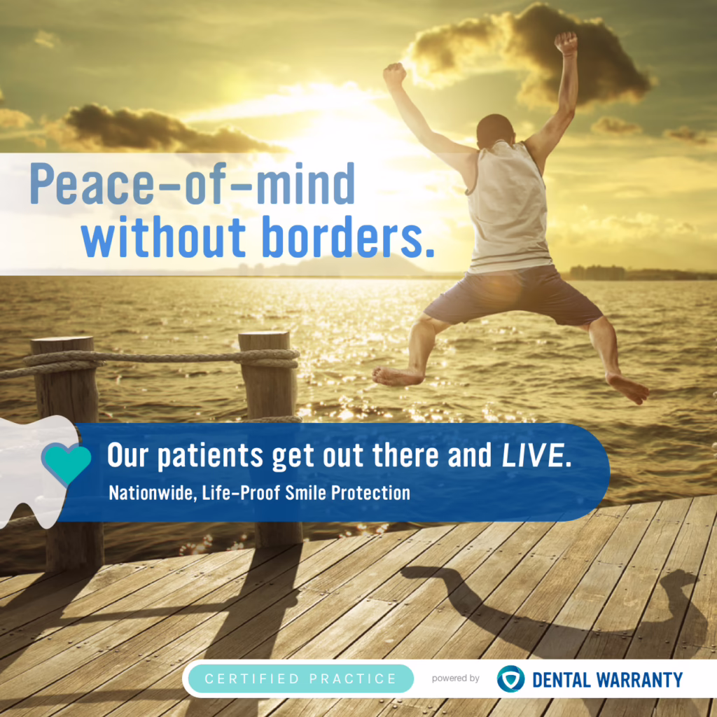 Dental Warranty graphic promoting nationwide, life-proof smile protection